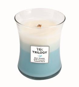 Woodwick Świeca Trilogy średnia-Fresh Clean (Baby Powder Pure Comfort Paradise Blue)